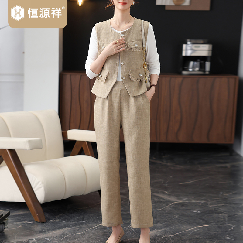 恒源祥中年妈妈马甲裤子外套两件套春装套装2025新款中年女装休闲