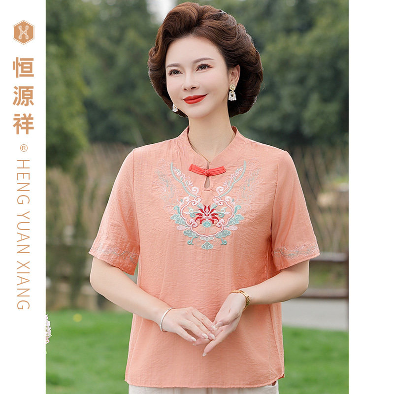 恒源祥中式国风短袖上衣夏季妈妈装宽松纯棉中老年绣花女装T恤衫