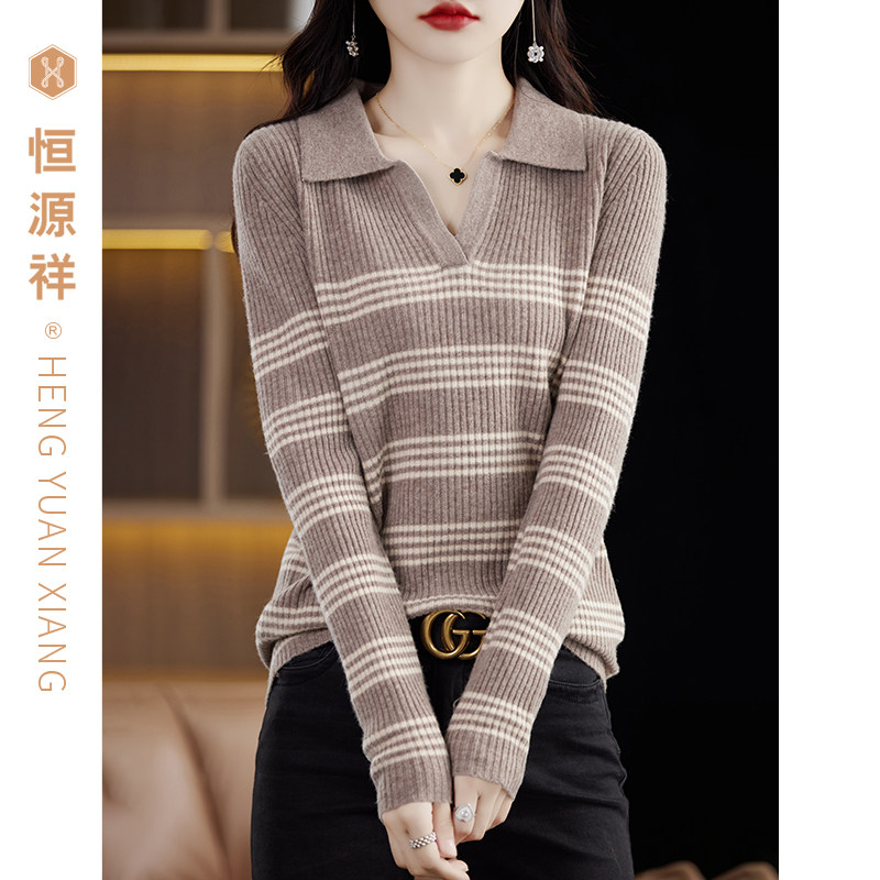 恒源祥100纯羊毛衫女士2025春秋新款妈妈装OL风翻领针织打底毛衣