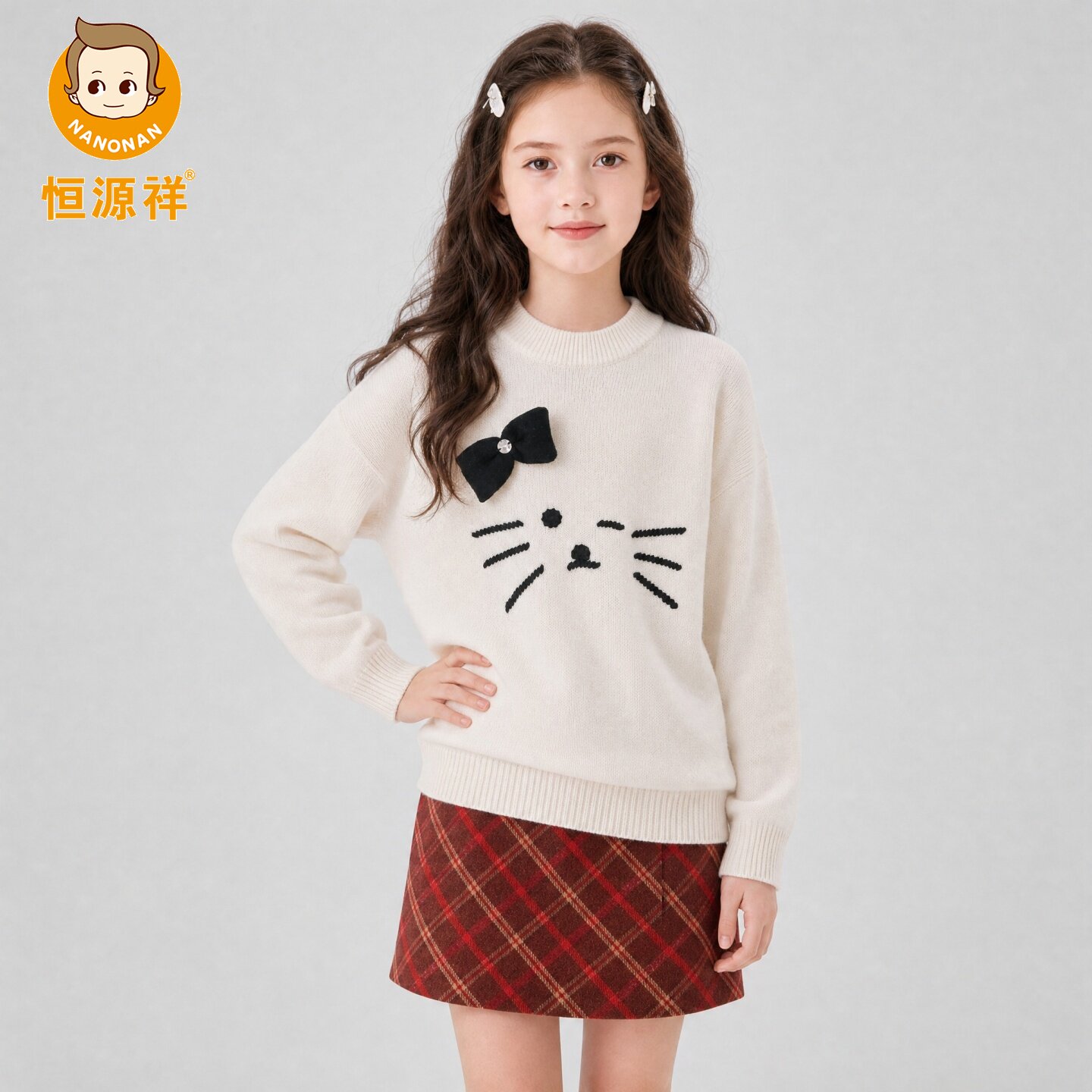 恒源祥女童蝴蝶结小猫毛衣冬季纯羊毛宽松卡通针织衫童趣风休闲装