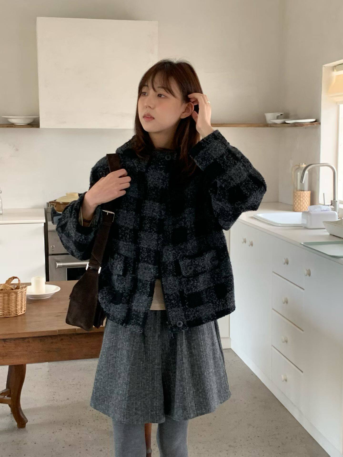 韩版简约格子连帽短款外套女小个子2026秋季新款宽松显瘦开衫上衣