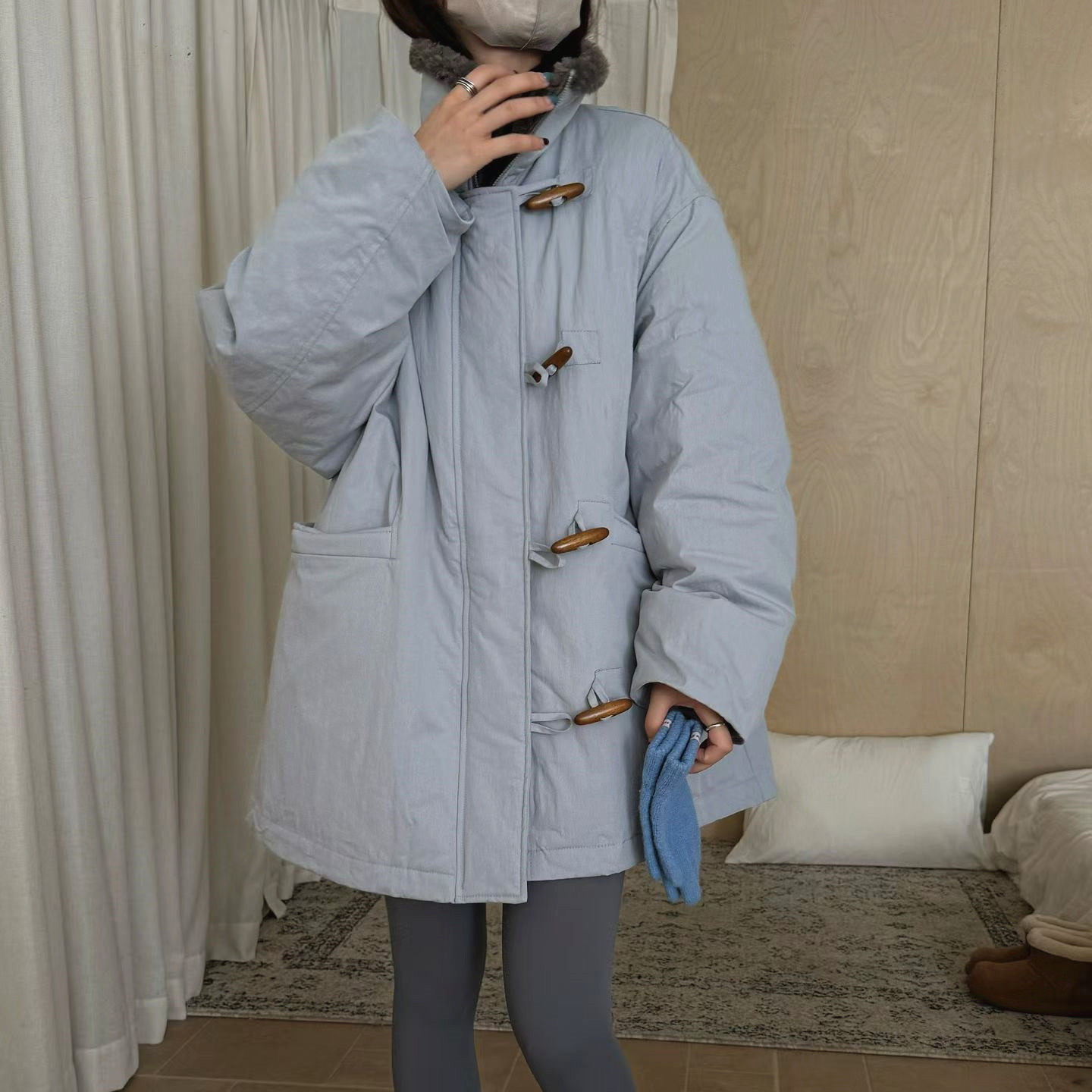 韩系复古牛角扣毛领羽绒服女2025冬季新款宽松百搭中长款保暖外套