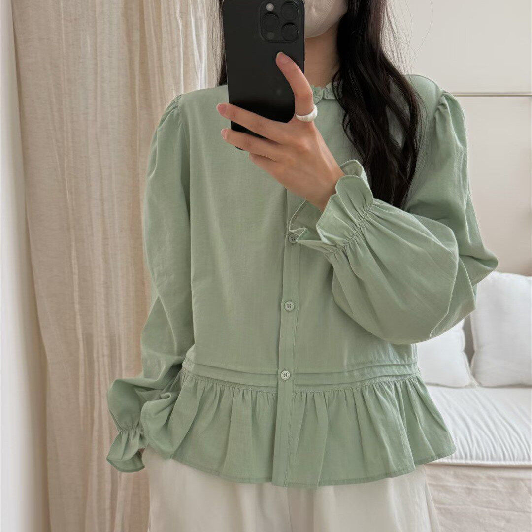 韩系设计感荷叶边长袖衬衫女小个子2026春季新款时尚百搭小众上衣