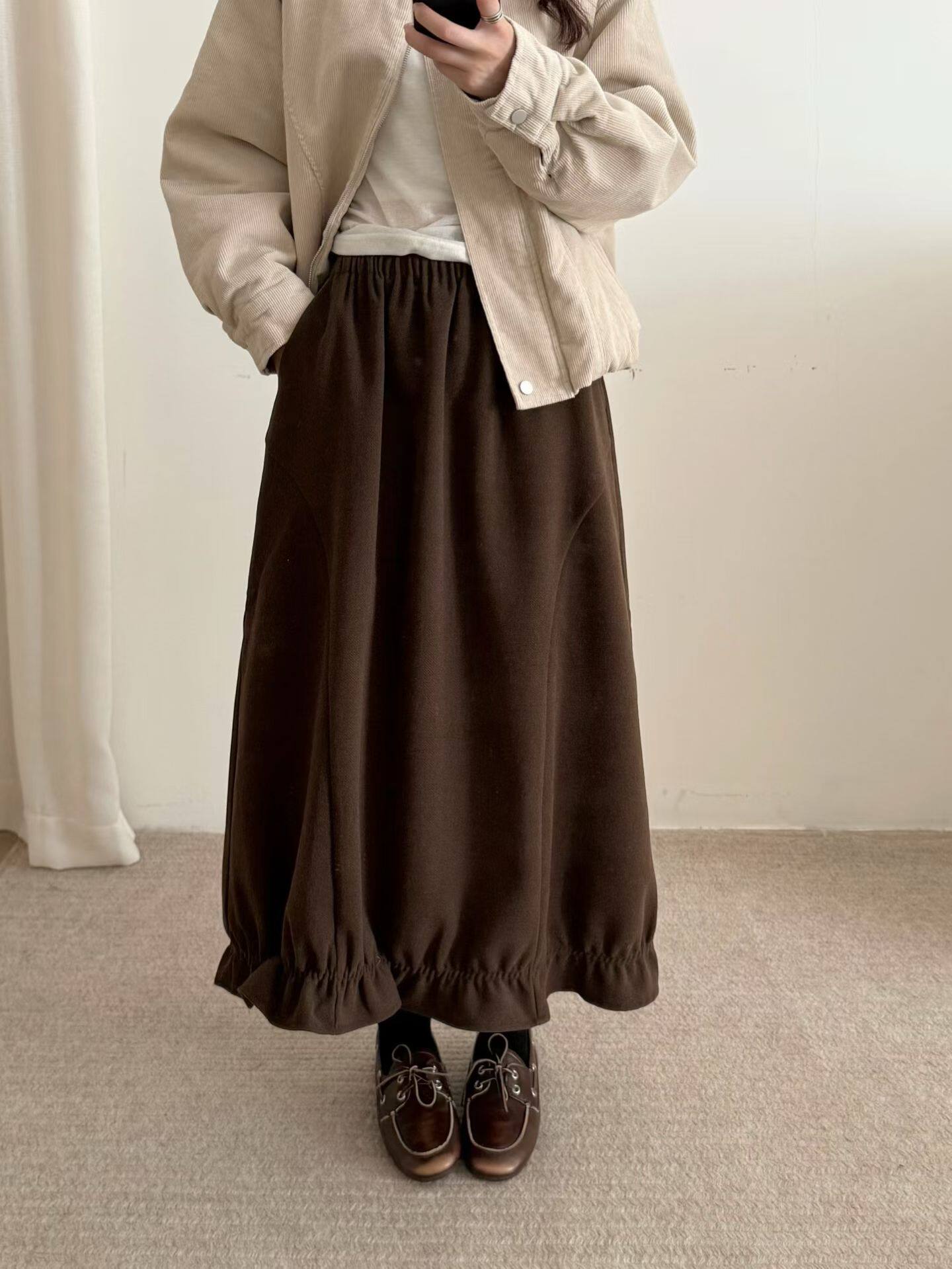 韩系复古高腰花边半身裙女2025秋冬新款宽松显瘦中长款a字裙伞裙