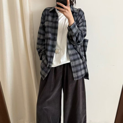 韩系复古格子带包包磨毛长袖衬衫