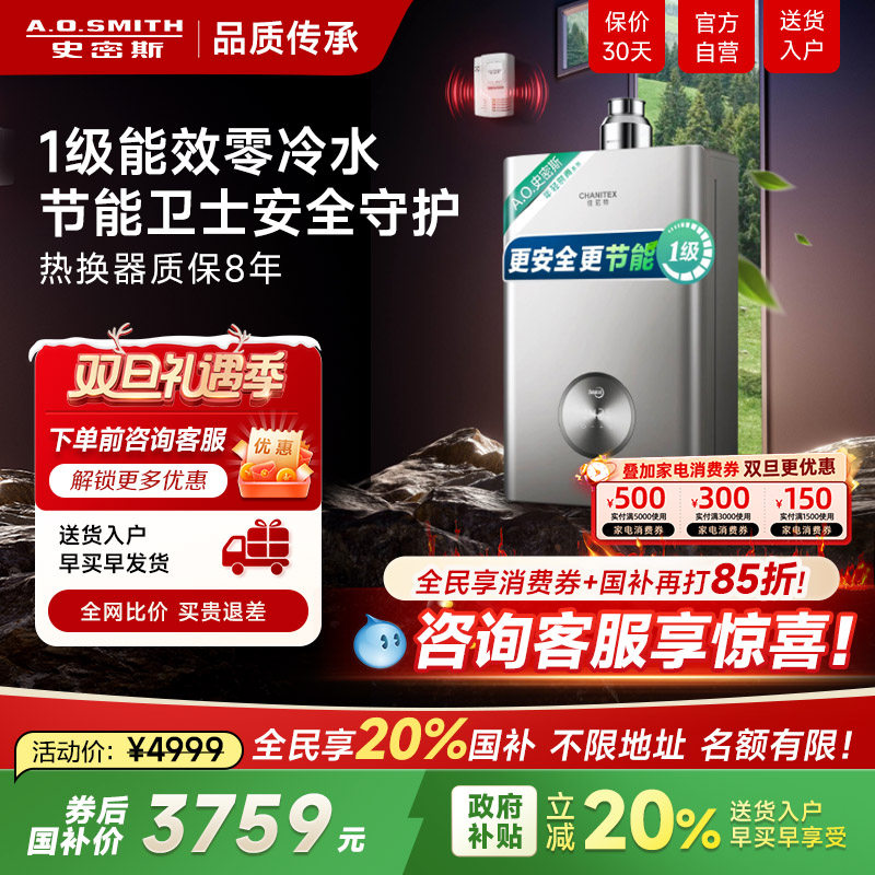 府补贴AO史密斯1级能效TJ3零冷水燃气热水器