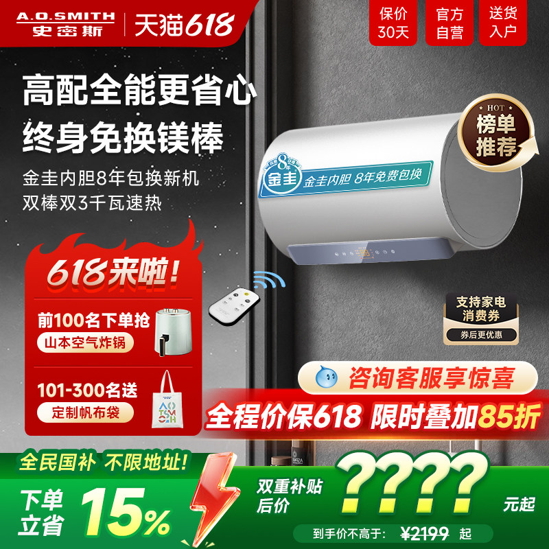 政府补贴AO史密斯佳尼特家用电热水器60升80L金圭双棒速热遥控TT