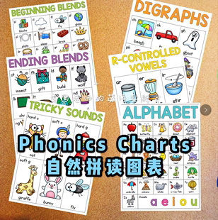 英语自然拼读图表phonics 教材教师教具 charts单词练习卡片海报