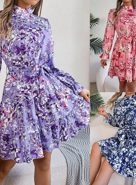 Elegant Stand Collar Flower Waist Long Sleeve Flounced Dress