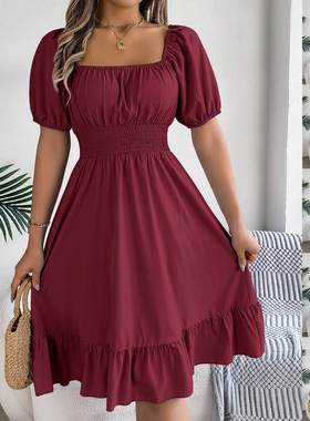 2026 Casual Square Collar Short Sleeve Waist Flounced Dress