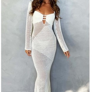 Women out Hollow Sexy Knitted Low Long cut sleeved Dress