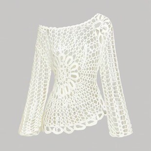 Crochet Handmade Hollow Blouse Women's Crewneck Long Sleeve