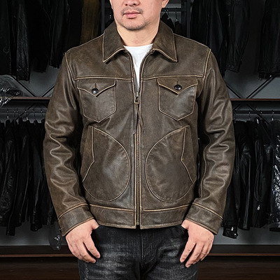 2025秋冬男歌手明星农场主磨皮牛皮夹克男翻领多兜门多萨真皮皮衣