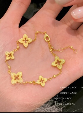 女款沙金镶钻项链手链耳钉黄金色十字花轻奢时尚耳环手串锁骨衣链