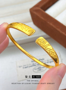 2026新款金店款新女式国风錾刻富贵竹叶马蹄开口手女士镯手环送礼