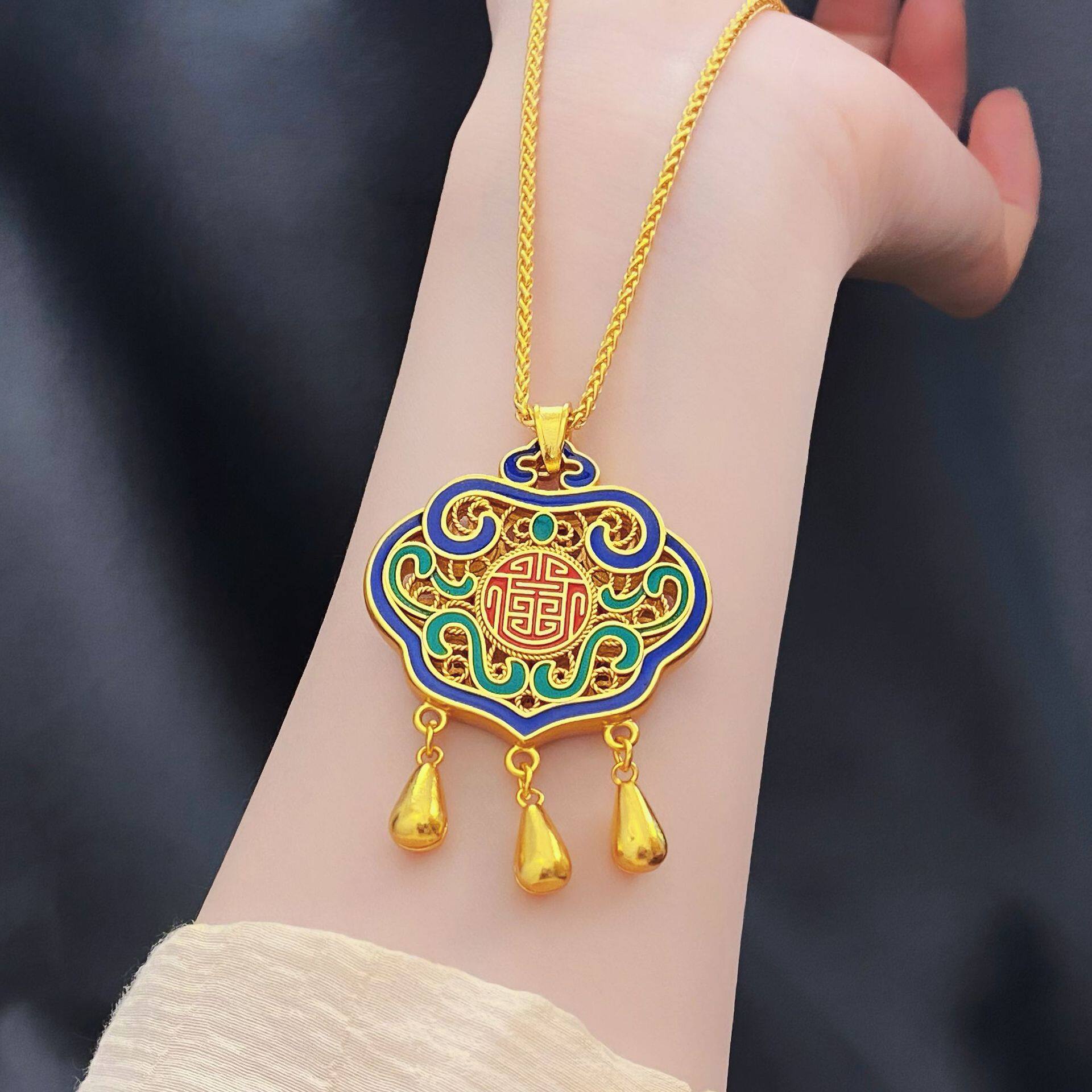 2026女款烧蓝天官赐福锁包项链铜沙金轻奢复古宫廷风旗袍装饰送礼