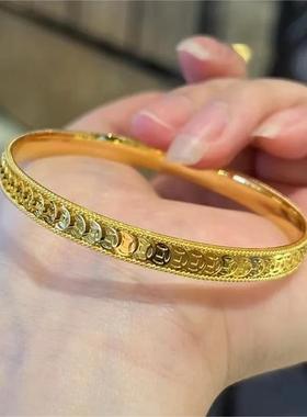 周家同款沙金爆闪碎冰满圈铜钱纹手镯腰缠万贯镯子财源滚滚手环