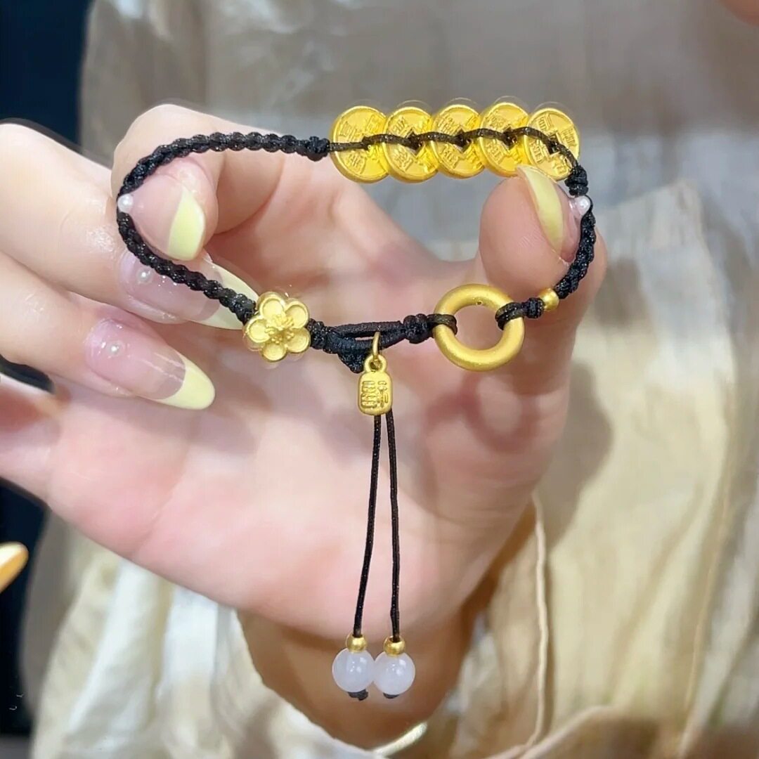 2026女款铜沙金桃花五帝币平安扣编织手链招财招福转运珠福牌手串