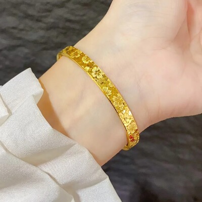2026新款黄金色樱花纹碎碎冰手镯子女款沙金爆闪亮片蹦迪实心手环