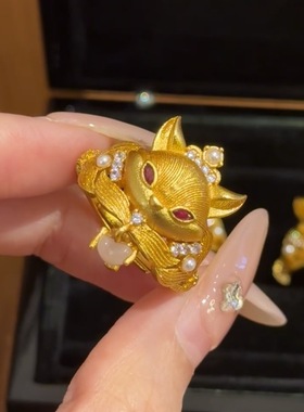 苏妲己新中式拉丝黄金色沙金狐狸戒指女士国风食指戒独特开口指环