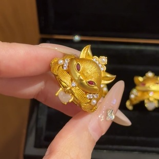 苏妲己新中式 拉丝黄金色沙金狐狸戒指女士国风食指戒独特开口指环