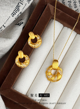 沙金法式Vintage复古拉丝镶钻面包麻花吊坠项链 设计感锁骨链