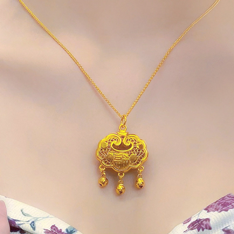 2026金店同款大号铃铛平安锁铜沙金轻奢百搭男女儿童满月送礼项链