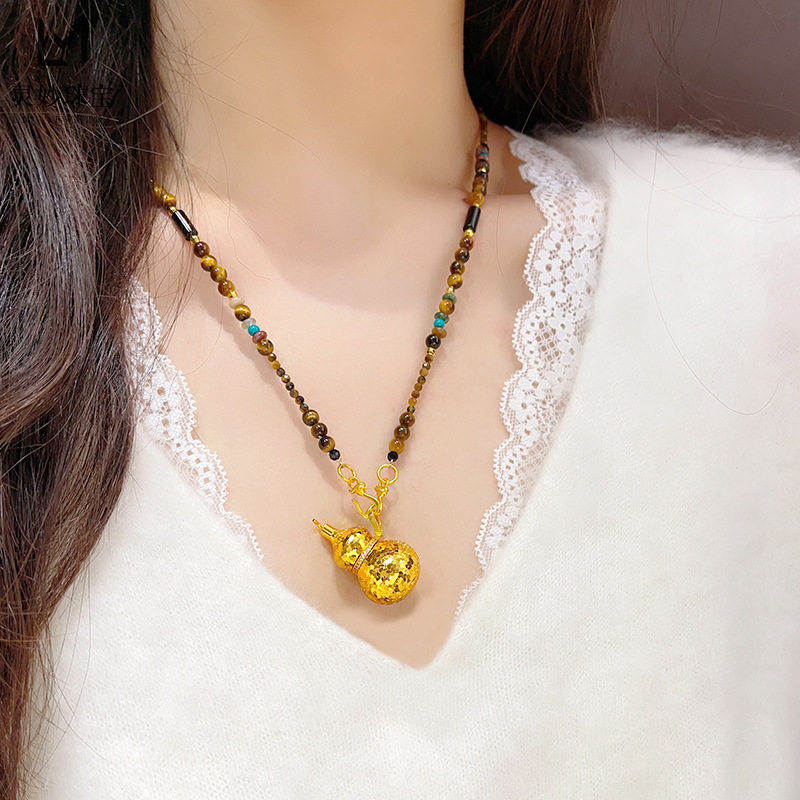 新女式爆闪龙鳞蹦迪葫芦虎眼尖晶石双钩链沙金福禄挂坠黄金色项链