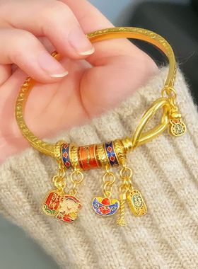 金店同款古法镀K金中式吉言四方聚财纳福手镯福满传家系列镯子女