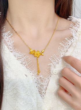沙金鎏金流苏双生花桃花AB链锁骨链黄金色精致时尚套链项链送女友