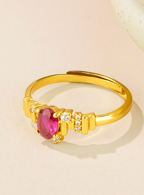 新款沙金拉丝椭圆鸽子蛋戒指女精致百搭可调节食指戒指环直播