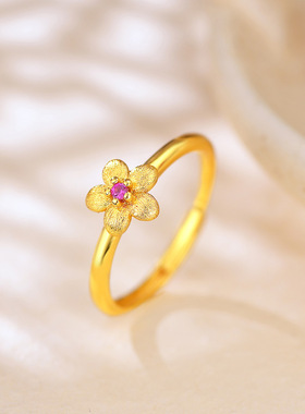 2026新款金店同款拉丝小金花戒指越南沙金古法点钻金色花金色指环