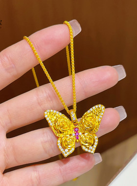 沙金点钻碎冰冰玫瑰蝴蝶吊坠黄金色项链立体福蝶女挂坠送女友礼物