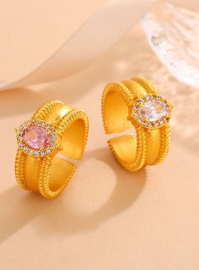 黄金色沙金镶嵌锆石开口戒指女士轻奢个性气质时尚拉丝排珠戒指环