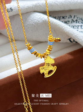 2025新款越南沙金爆闪蜂巢马上有钱碎金子项链轻奢小马铜钱衣链女