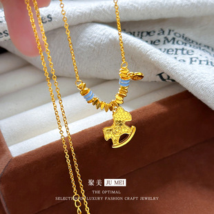 2025新款越南沙金爆闪蜂巢马上有钱碎金子项链轻奢小马铜钱衣链女