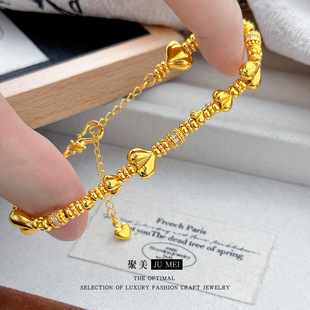 轻奢千金风黄金色沙金亮面屁桃爱心镶钻锆石盘缠女士手链心形手串