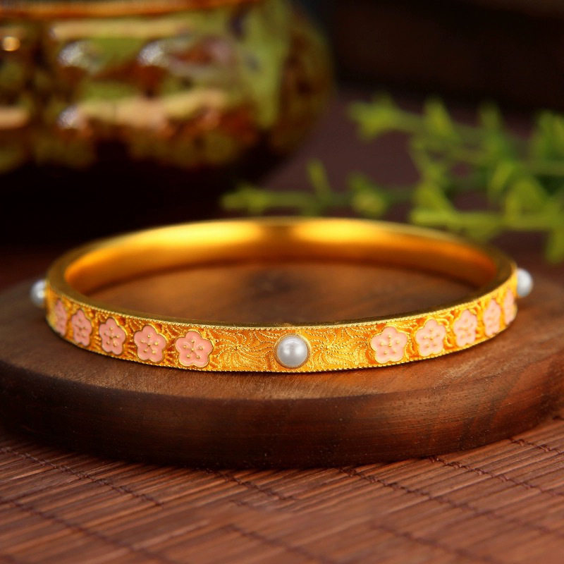 2026款古法宫廷风珐琅首饰桃花朵朵手镯国潮民族风烧蓝珍珠手环女