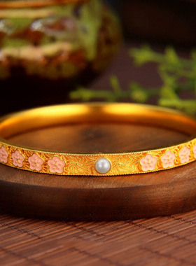 2025款古法宫廷风珐琅首饰桃花朵朵手镯国潮民族风烧蓝珍珠手环女