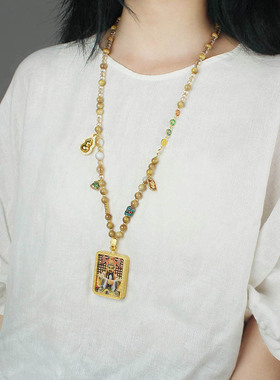 2025藏式唐卡五路财神吊坠项链女新中式仿金虎眼串珠民族风毛衣链