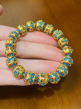 2025女款四时吉祥金店同款沙金烧蓝珐琅手链国潮复古显白福珠手串