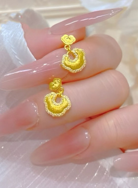 金店同款黄金色沙金点钻拉丝祥云福禄如意锁耳钉女士时尚百搭耳环