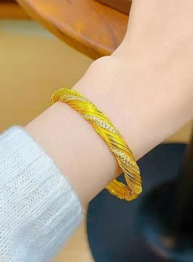 2025久不掉色古法沙金拉丝旋转麻花镶钻手镯女时尚满天星卡扣手环