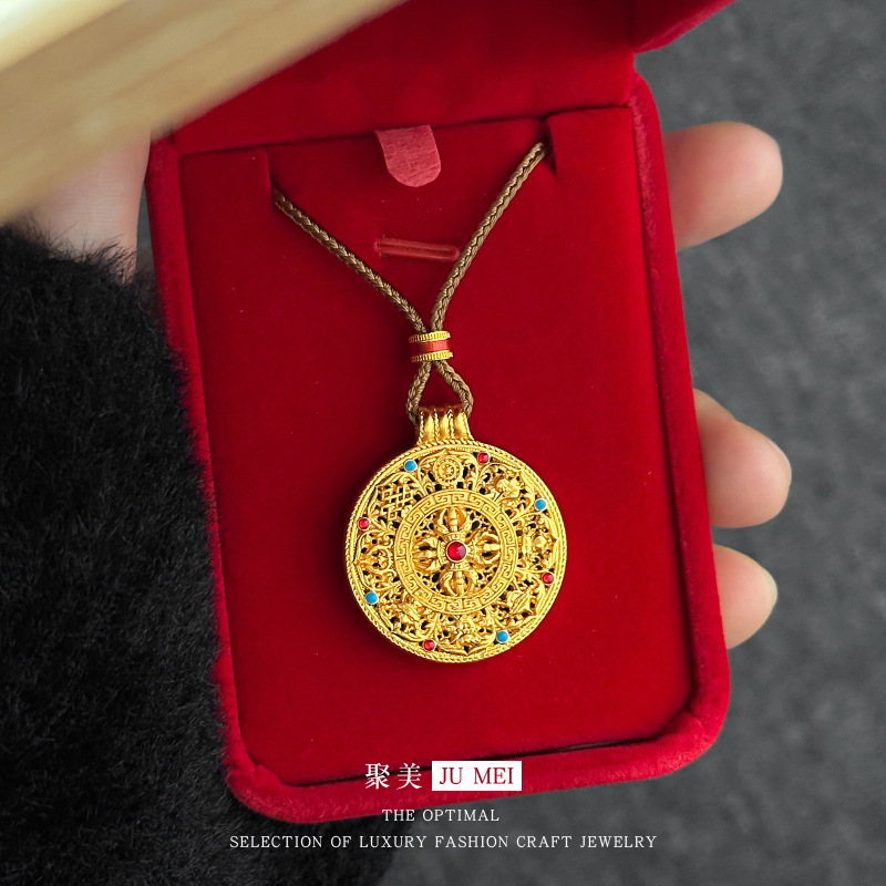 2025韦雪同款黄金色八宝罗盘金刚杵珐琅吊坠女沙金编绳项链毛衣链