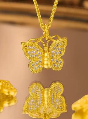 金店同款故宫玲珑花蝶项链吊坠韩铜镀沙金镶钻拉丝蝴蝶挂坠女