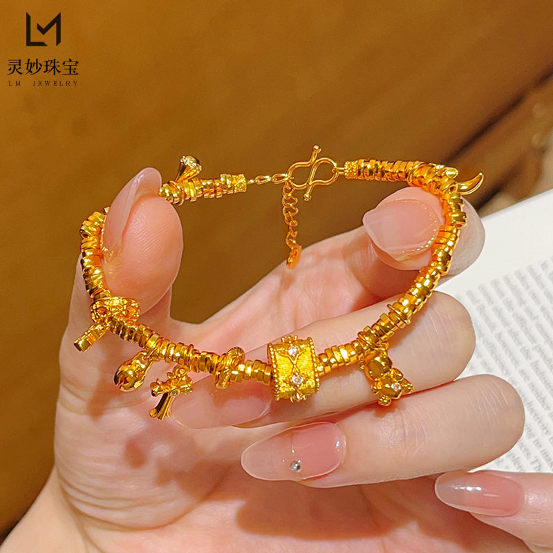 新中式古法沙金点钻拉丝四芒星桶珠小熊盘缠手链幸运草小众手串女