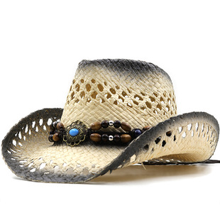 遮阳帽西部拉菲牛仔帽子 简约镂空手工编织草帽男女款 夏季