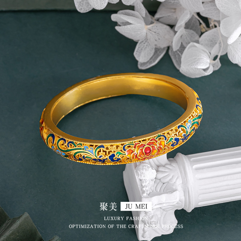 越南沙金珐琅花开富贵大牡丹手环富贵花女黄金色手镯国潮镂空