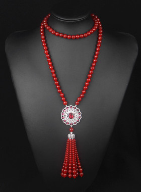 名媛御姐天然红玛瑙项链锆石镶嵌太阳花红宝石水晶女士长款毛衣链