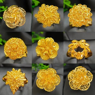 迪拜黄金色合金镂空花朵戒指女印度非洲欧美婚礼 jewelry活口指环